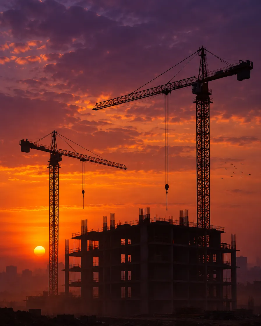 Tower cranes at sunset over a concrete structure