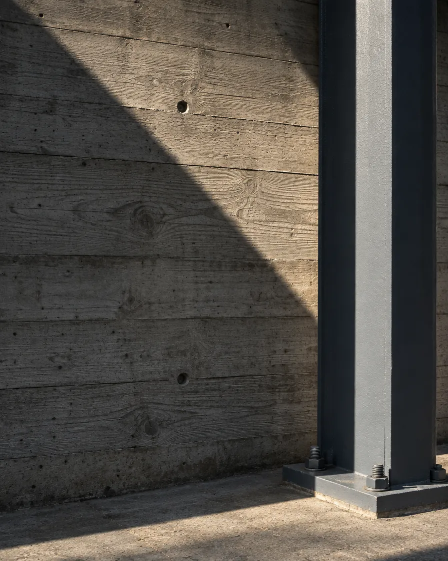 Board-formed concrete and structural steel detail