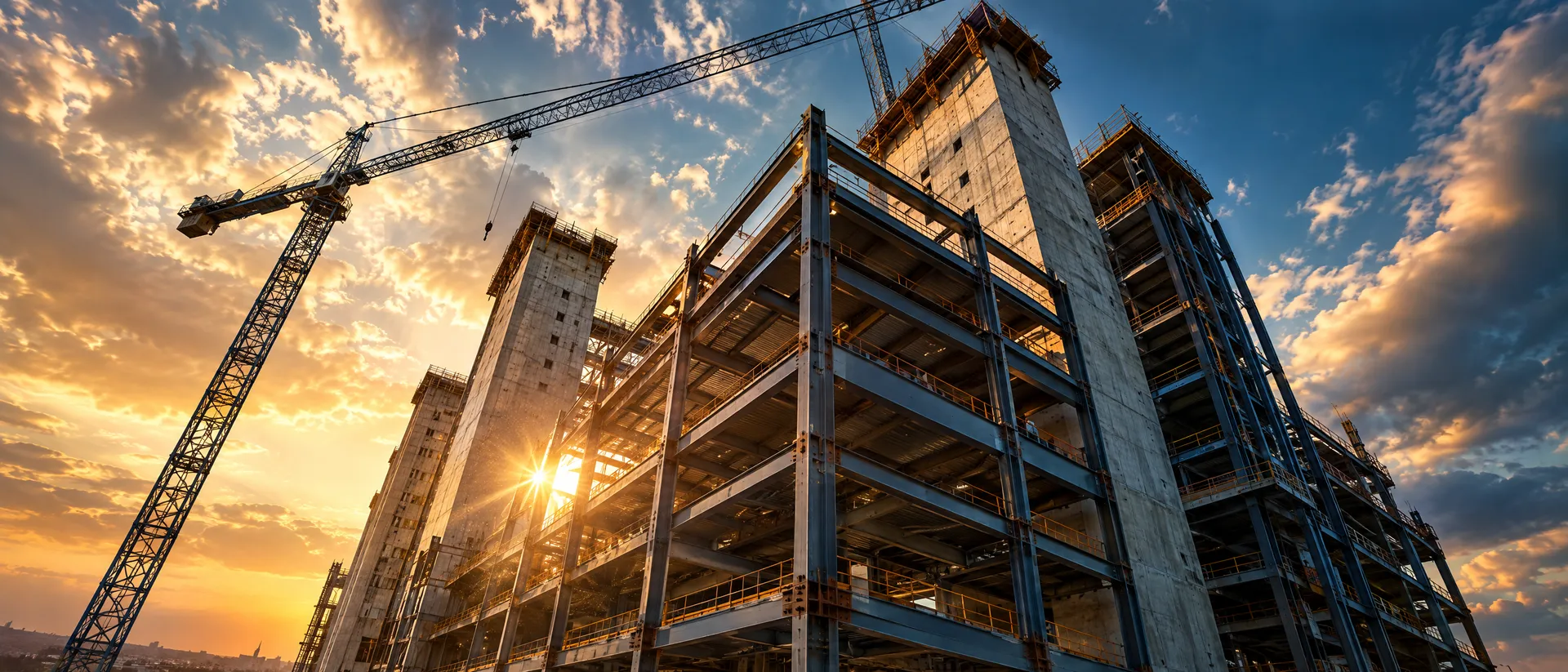 Structural steel frame under construction at golden hour